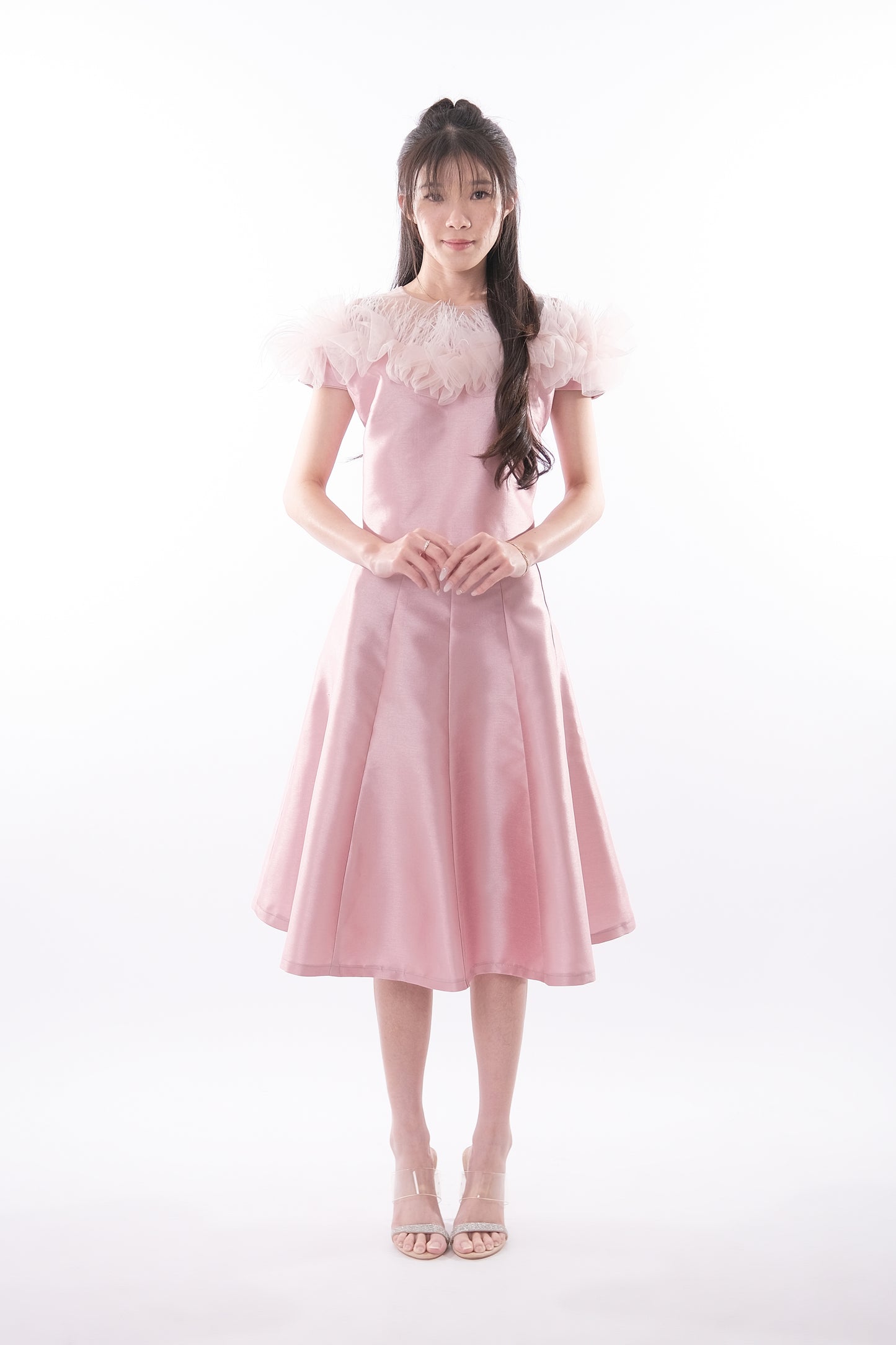Top Ruffle Net & Solid Flare Skirt