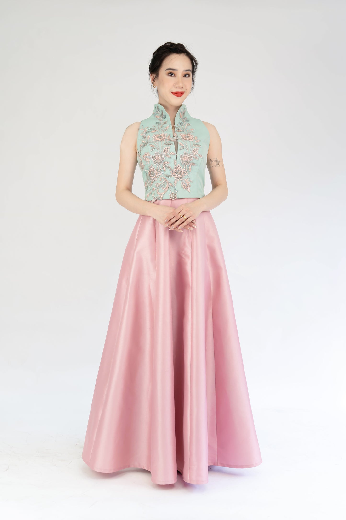 Beaded Crop Top & Long Solid Flare Skirt