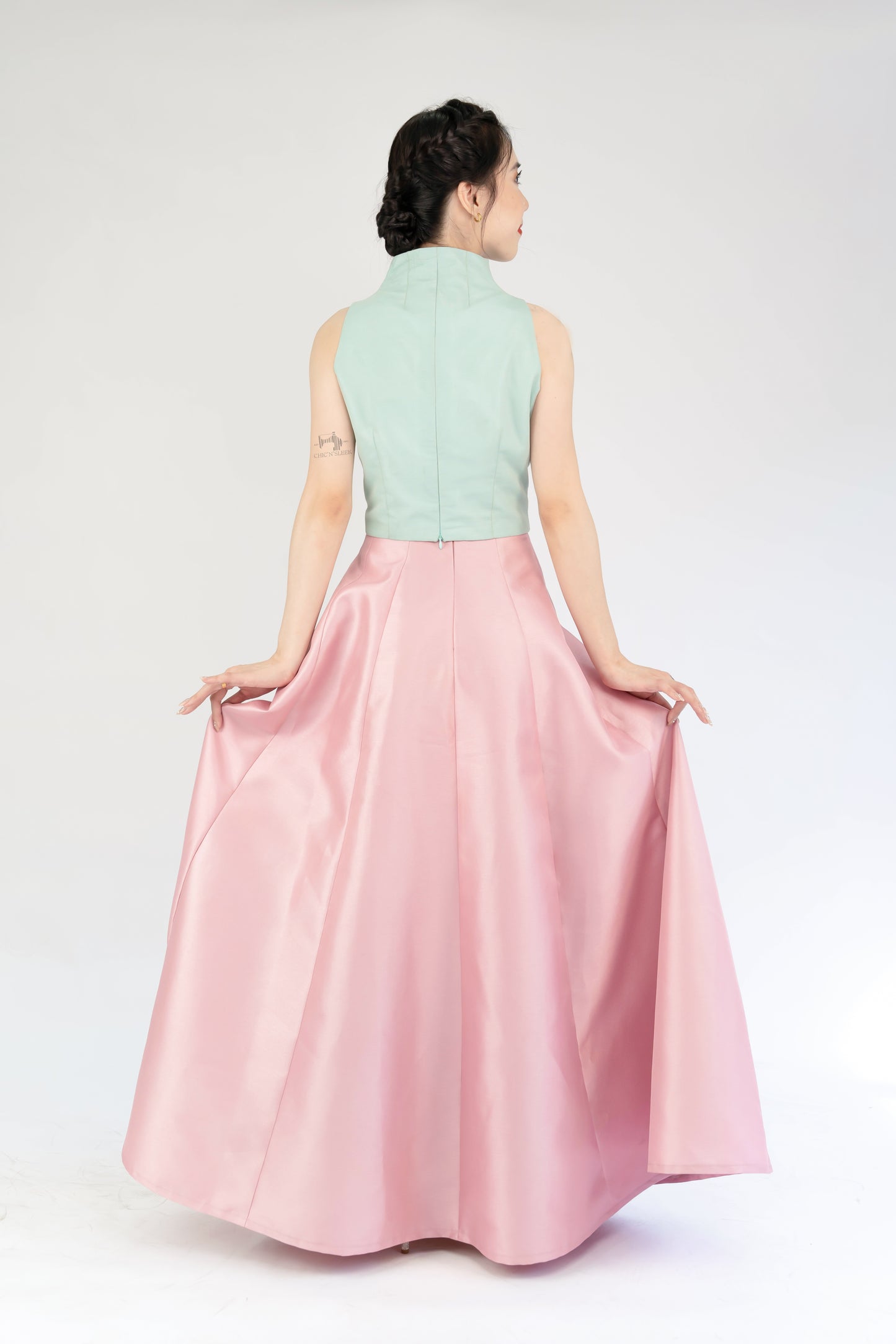 Beaded Crop Top & Long Solid Flare Skirt